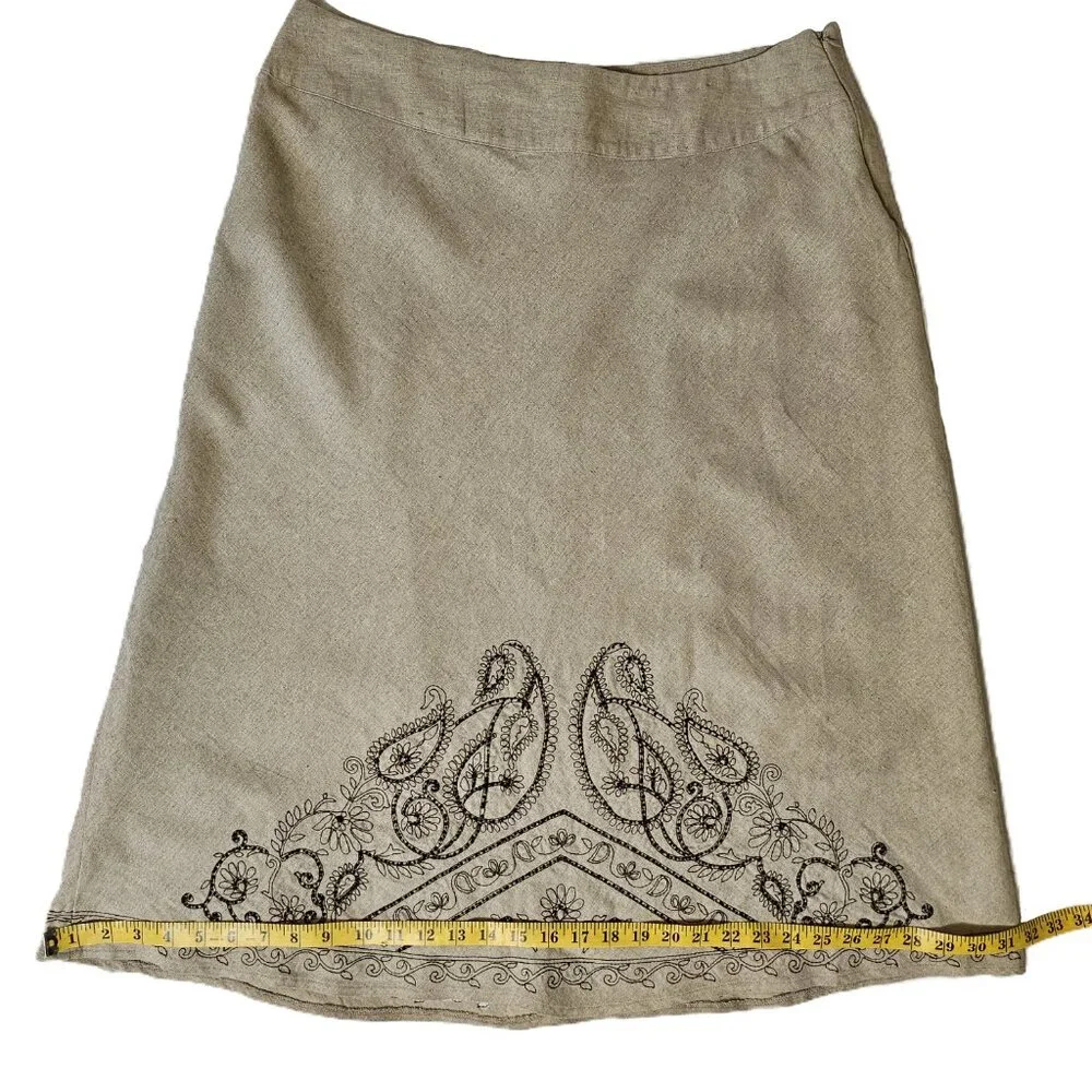 RICHARD MALCOLM Beige Embroidered  Beaded Linen Midi A-Line Skirt Size 16 - Picture 6 of 9